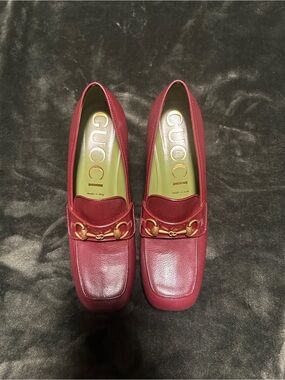 Gucci Burgundy Leather Horsebit Platform Loafers with Heel